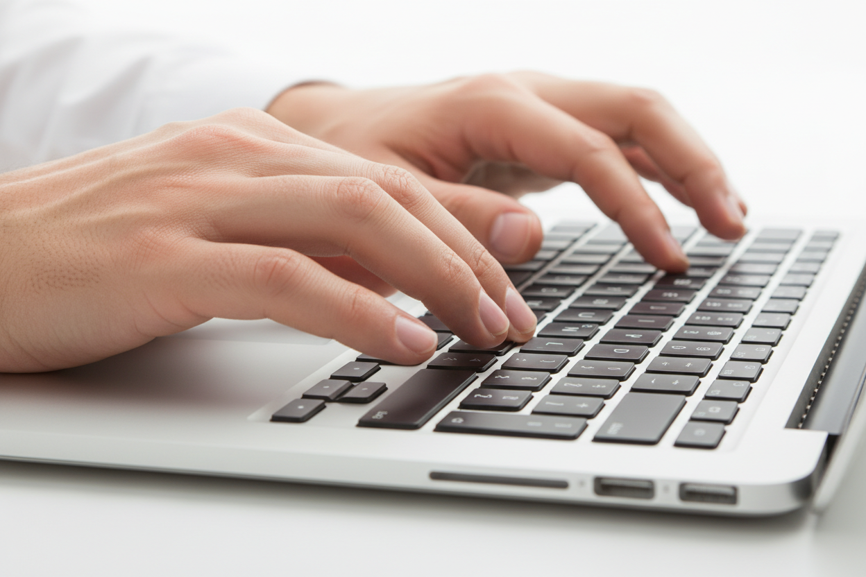 can you generate an image of someone typing on a computer with a white backkground xzoomed into the hands