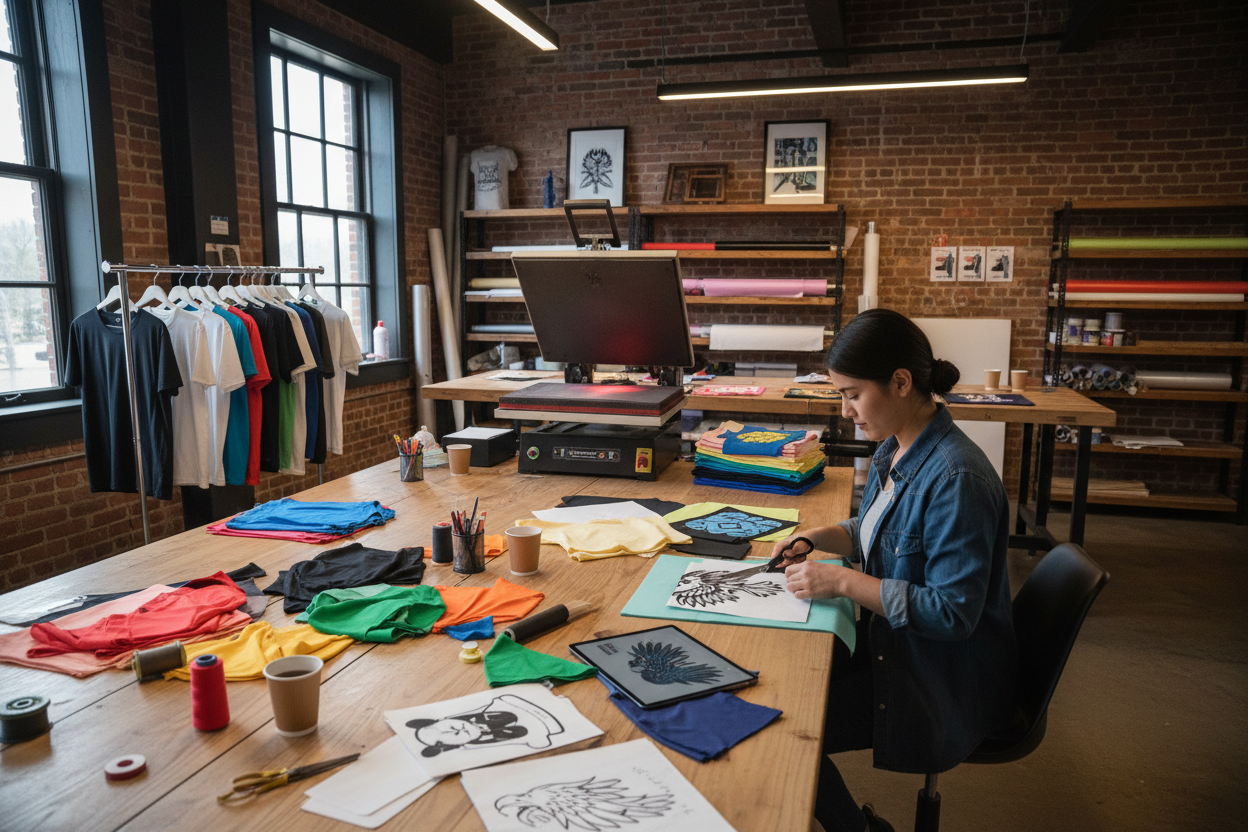 something that has a heatpress in the back but also someone making creating the shirts